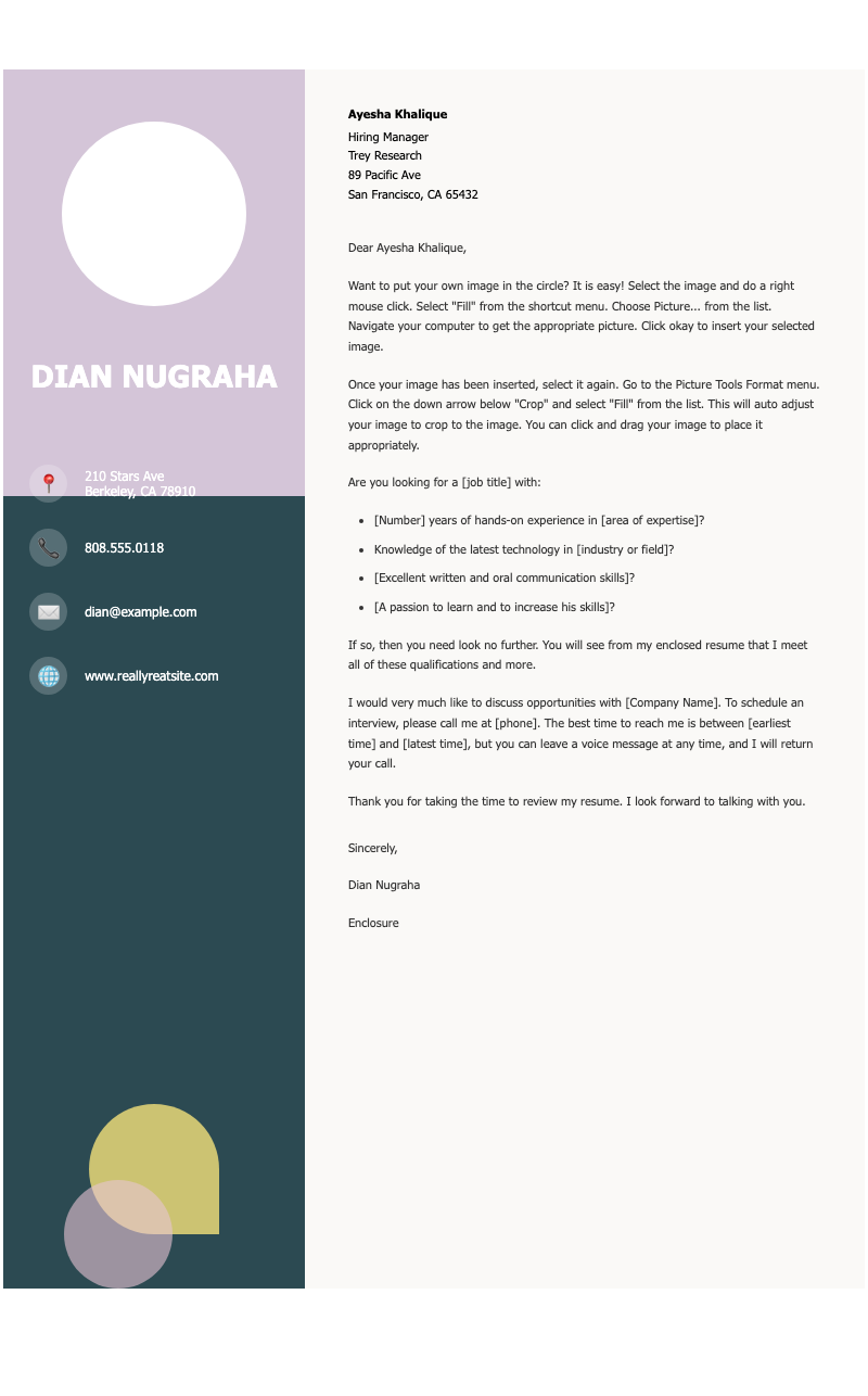 Playful business cover letter - Modern two-column cover letter with photo placeholder, contact sidebar, and editable placeholders for personalized applications.